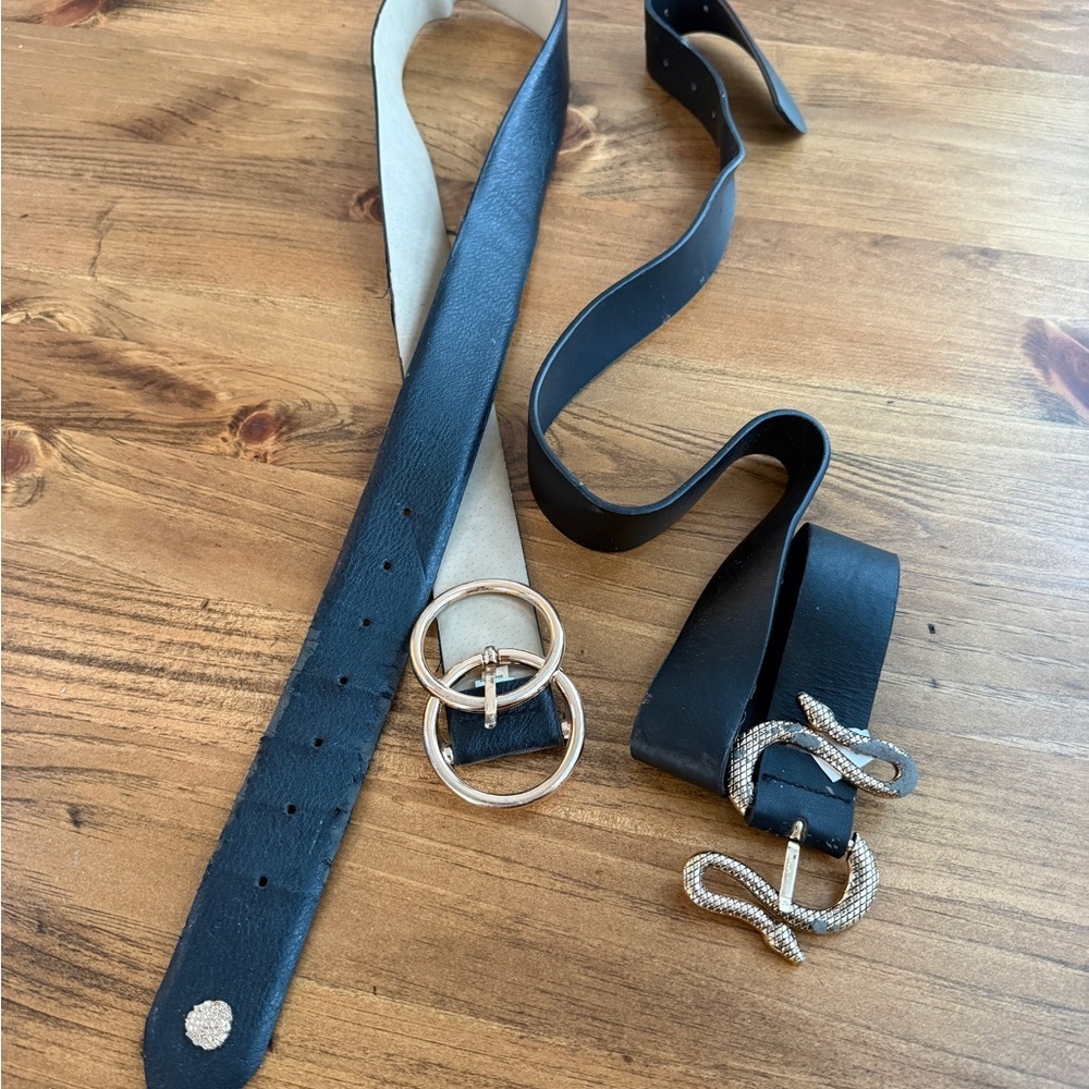 Black Double-Ring Belt & Snake Belt with Gold Accents